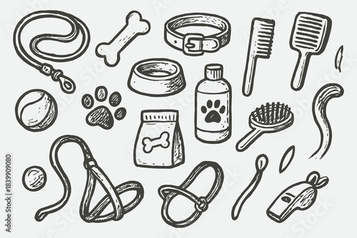 Hand-Drawn Dog Accessory Doodle Set in Sketchbook Style