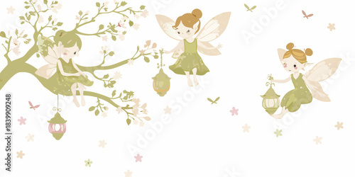 Charming illustration of whimsical fairies amongst blossoming branches and gentle snowflakes