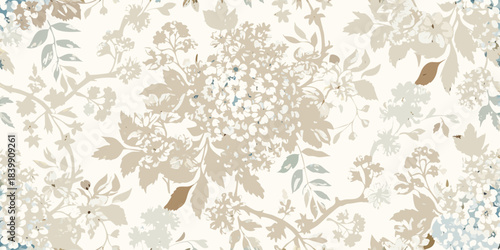 Delicate floral pattern with beige white and pale blue hues