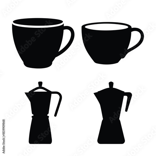 Coffee cups and moka pots, simple abstract beverage icons