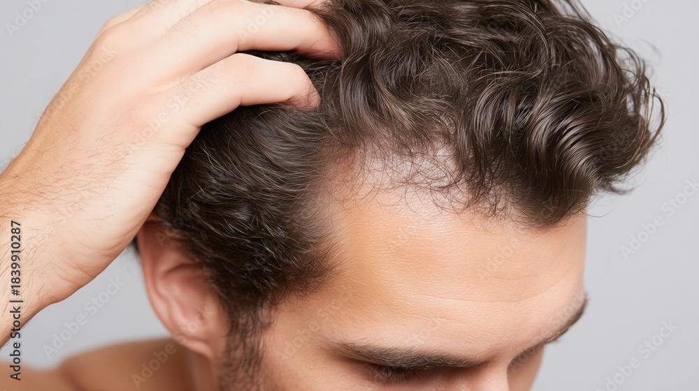 Fototapeta premium Man running hand through dark hair, examining thinning hair and scalp