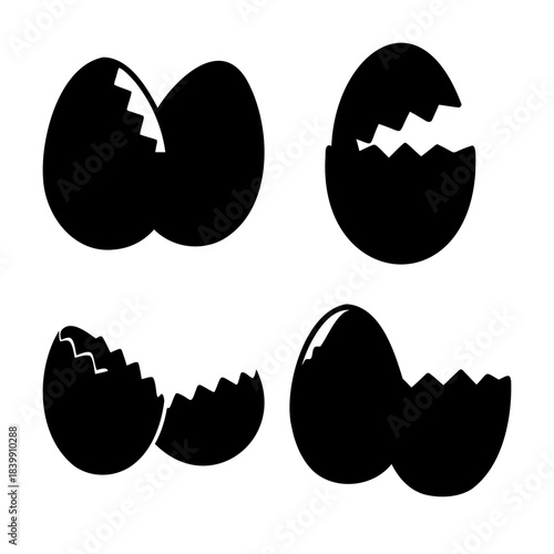 Black silhouette eggs and cracked eggshells collection set