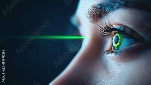 Biometric Eye Scan Side profile of a face with a laser scanning the eye, bright green laser beam, dark background, focus on security and identification