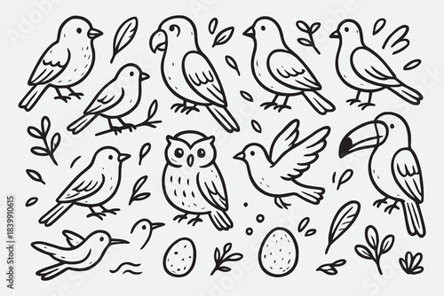 Whimsical Hand-Drawn Bird Icon Set in Playful Doodle Style