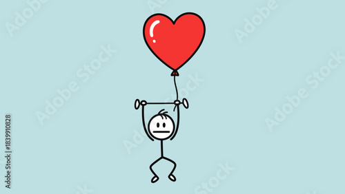 Love's Ascent: A whimsical stick figure floats upward, buoyed by a vibrant, heart-shaped balloon, symbolizing love's lightness and uplifting nature.