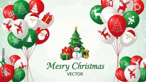 Festive Celebration: Capturing the holiday spirit, a cluster of balloons, adorning vibrant holiday motifs, frames a central arrangement of a decorated Christmas tree, wrapped gifts.