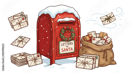 Christmas red mailbox with Letters to Santa, snow, wreath and overflowing mail sack illustration