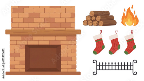 Christmas fireplace constructor set with brick hearth, wooden logs, fire flame, hanging stockings, and iron grate isolated on white background