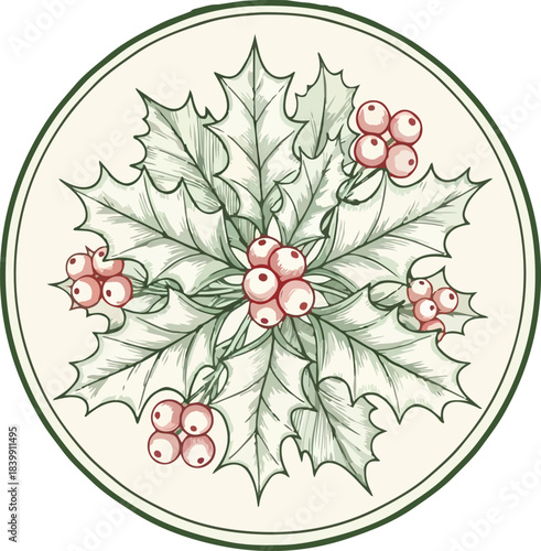 Traditional Hand Drawn Christmas Holly Leaves and Pink Berries Circle Illustration isolated PNG with Transparent Background