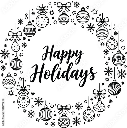 Black Line Art Christmas Wreath 'Happy Holidays' Vector with Ornaments and Snowflakes isolated PNG with Transparent Background