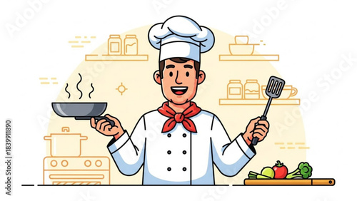 Professional cartoon chef with a smile holding a tray of gourmet food in a restaurant uniform illustration