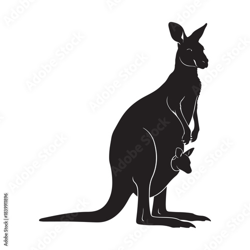 Black Silhouette of Mother Kangaroo with Baby Joey in Pouch Isolated on White Background