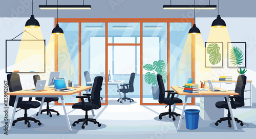 Bright, modern open-plan office interior vector with multiple desks, glass walls, rolling chairs, and potted plants for contemporary business and corporate workspace design.