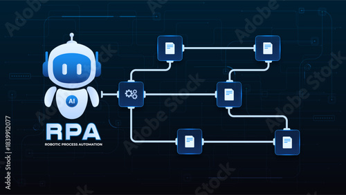 RPA Robotic process automation system. ai robotic process automation workflow diagram showing document processing and system integration.