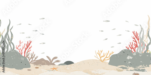 An underwater scene with coral rocks and small fish swimming around