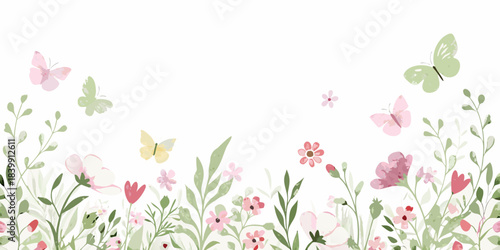 Watercolor butterflies and delicate wildflowers create a peaceful spring border design