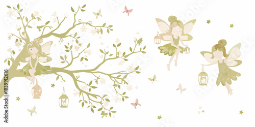 Delicate illustration of fairies amongst blossoming branches and twinkling lights