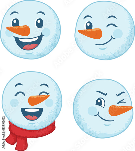 A set of four expressive vector snowman faces featuring textured blueish-white snowballs with orange carrot noses, depicting emotions like joy, winking, and laughter, with one character wearing a red 