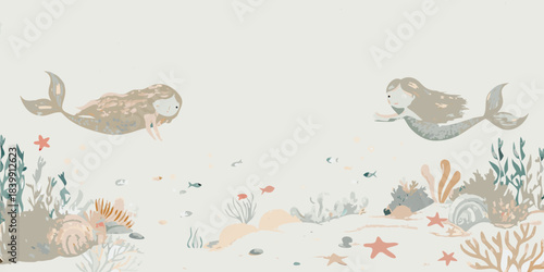 Delicate illustration of two mermaids swimming amongst coral and marine life