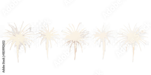 A series of pale starburst like fireworks illuminating a dark background