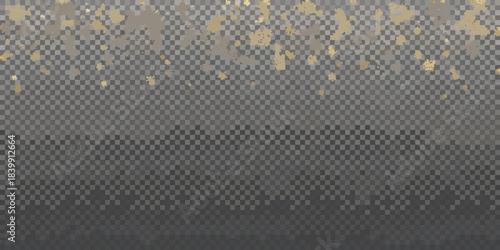 Golden glitter sparkles cascade down on a transparent checkered background
