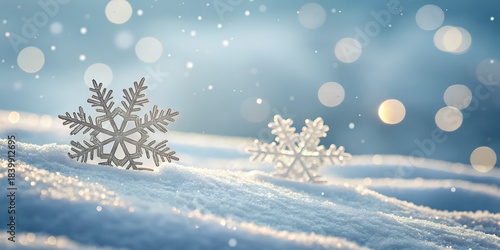 Decorative snowflakes on glistening snow with bokeh and falling flakes in dreamy winter background