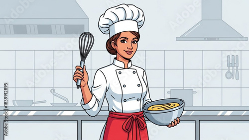 Professional woman chef in uniform and hat smiling while cooking a gourmet meal in a kitchen with a pan and spoon
