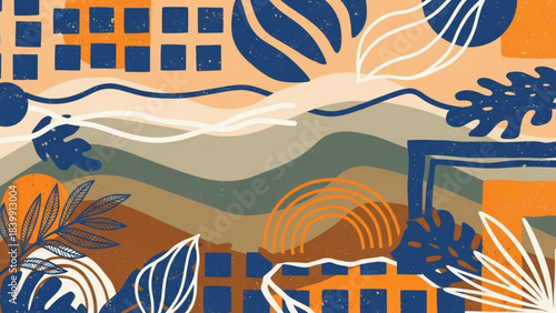 Abstract vector illustration of a summer beach landscape with sea shells, sun, and sand for a tropical vacation design