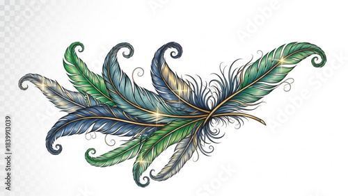 Peacock feather pattern vector illustration on a black background, perfect for a vintage floral art design or stylish nature decoration