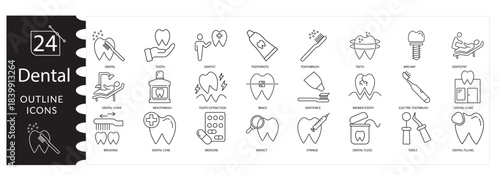 Comprehensive Dental Care, Tooth Treatment, and Oral Hygiene Icon Set for Dentistry Clinics and Medical Health Services. Professional Dentist Tools, Tooth Implants, Braces, and Dental Equipment Vector