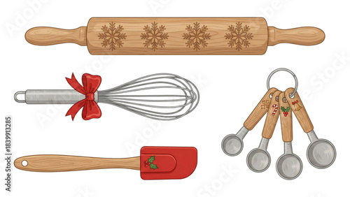Christmas Baking Tools Set. Wooden rolling pin with snowflakes, whisk with red bow, spatula, and measuring spoons. Festive holiday kitchen utensil vector illustration isolated on white background.