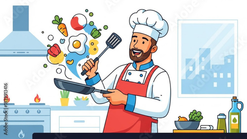 Cartoon vector illustration of an Italian chef in uniform and hat with a pan cooking food for a restaurant menu