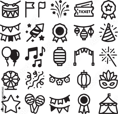 Clean Modern Black And White Festival Event Outline Icon Collection
