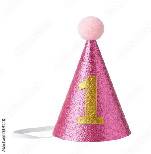 Pink glitter birthday hat with number 1 transparent background cutout png