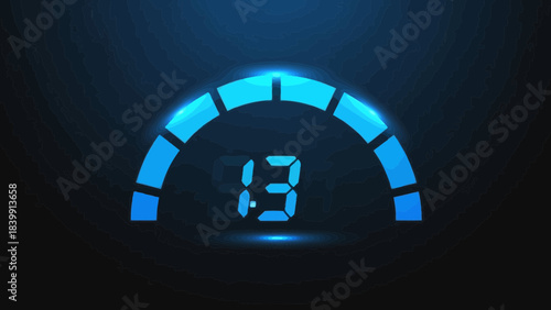 Speedometer Showing Three on Dark Background with Blue Glow