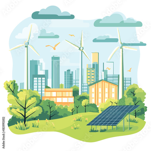Sustainability ESG, green energy, sustainable industry with windmills and solar energy panels. Environmental, Social, and Corporate Governance concept. , vector style simple color