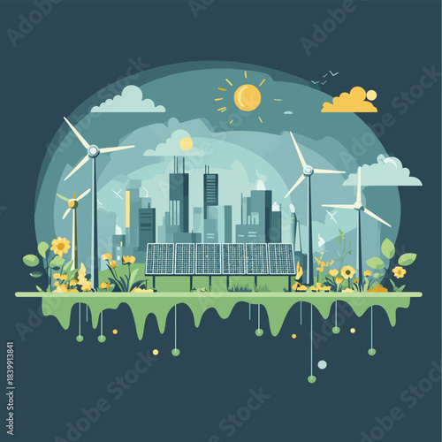 Sustainability ESG, green energy, sustainable industry with windmills and solar energy panels. Environmental, Social, and Corporate Governance concept. , vector style simple color