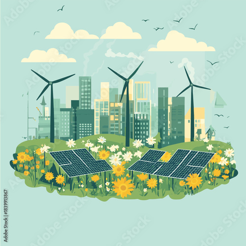 Sustainability ESG, green energy, sustainable industry with windmills and solar energy panels. Environmental, Social, and Corporate Governance concept. , vector style simple color