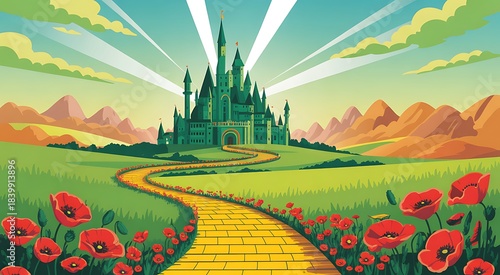 Emerald green castle on yellow brick road with red poppies emerald castle poppy field