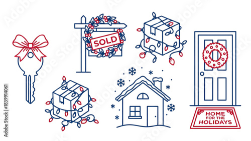 Christmas Real Estate Icon Set. Linear vector collection including house, sold sign, moving boxes, key and door with holiday decorations.