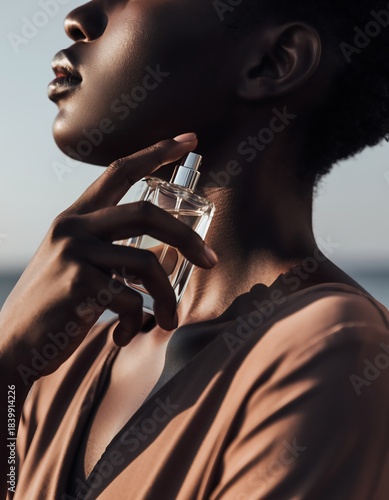 Elegant Black woman spraying perfume on her neck, holding an unbranded glass bottle, luxury beauty concept