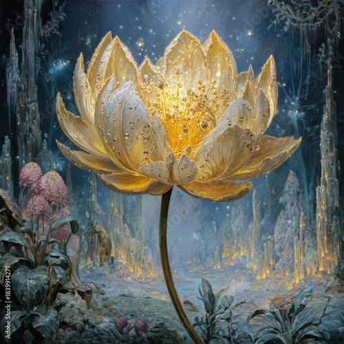Golden Lotus Flower In Magical Crystal Garden