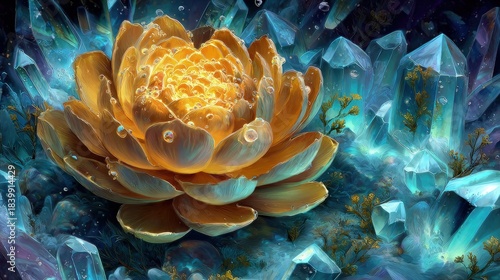 Golden Lotus Flower In Crystal Blue Background