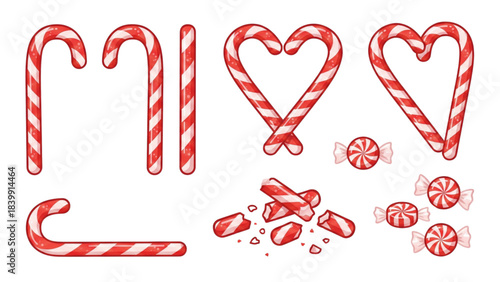 Christmas candy cane and peppermint lolly vector set. Collection of red and white striped holiday sweets, hearts, sticks, and broken pieces isolated on white background