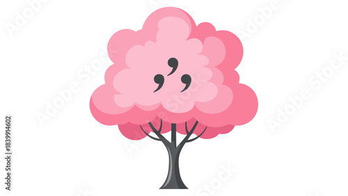 Stylized Pink Cherry Blossom Tree with Three Commas as Leaves on a Black Background