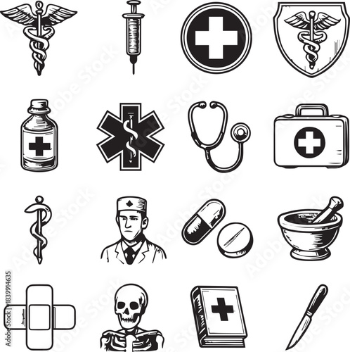 Vintage Medical and Healthcare Icon Set: Emergency, Clinic, Doctor, Pharmacy Symbols.