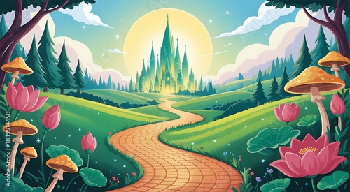 Whimsical fantasy landscape with emerald city and yellow brick road image