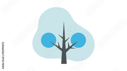 Stylized Minimalist Winter Tree with Abstract Blue Orbs and Light Blue Halo on Black Background