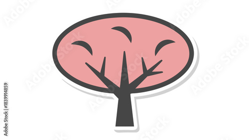 Stylized Pink Cherry Blossom Tree Icon with Gray Trunk and Black Outline on a Simple Black Background Minimalist Graphic Representation of Spring Flora