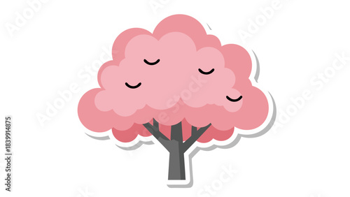 Stylized Pink Cherry Blossom Tree with Closed Eyes and Gray Trunk on Black Background Simple Vector Illustration with White Border
